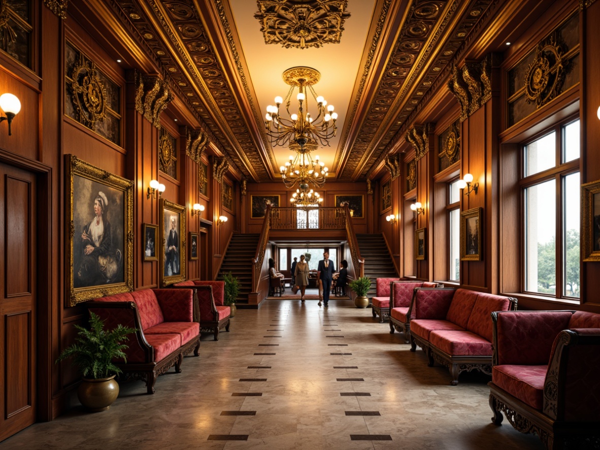 Prompt: Ornate train station, grand chandeliers, intricate carvings, gilded moldings, luxurious velvet sofas, ornamental mirrors, elegant wooden benches, refined metalwork, majestic staircases, opulent marble floors, warm golden lighting, soft focus, shallow depth of field, 1/2 composition, symmetrical framing, realistic textures, ambient occlusion.