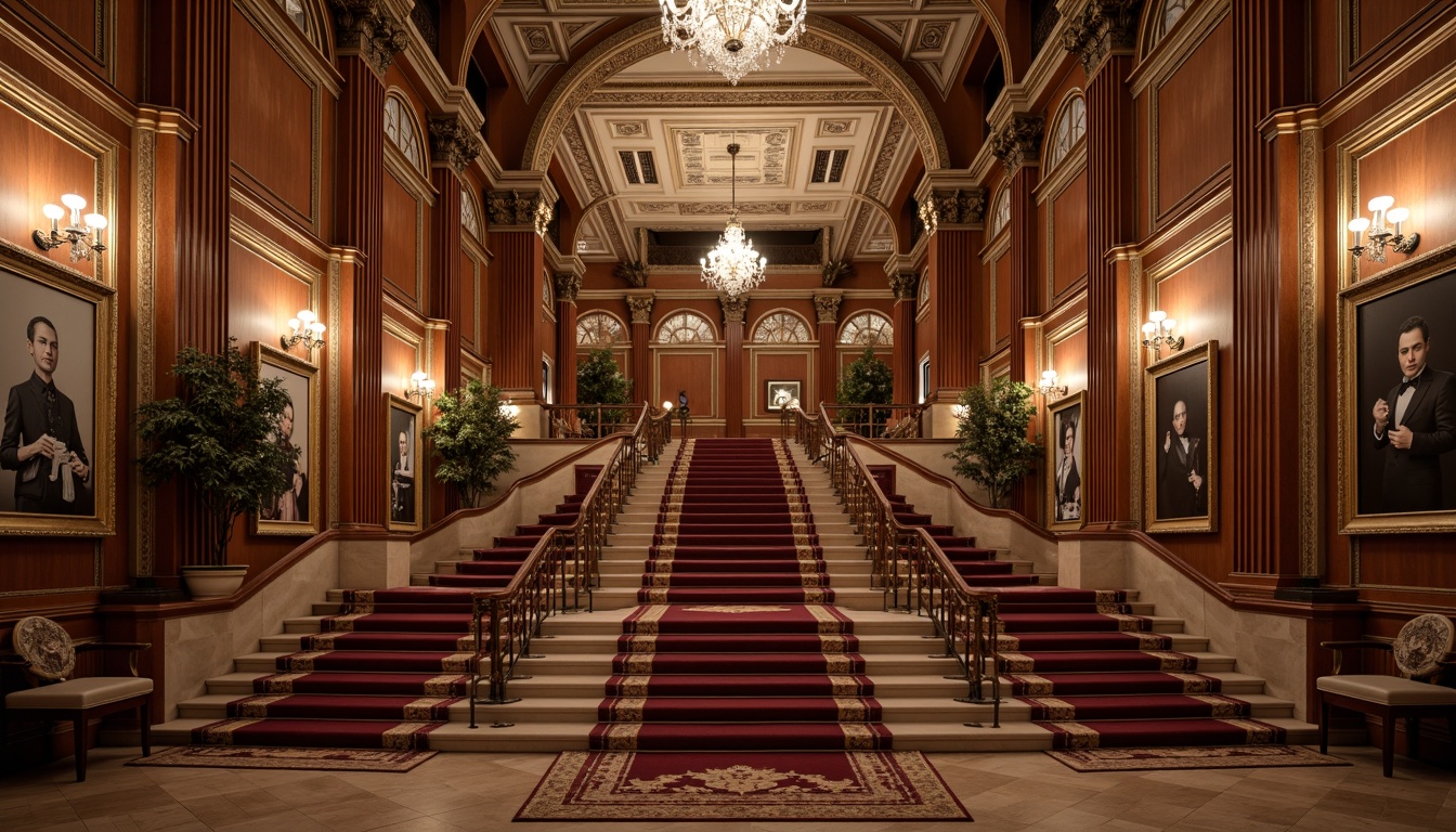 Prompt: Opulent museum interior, grand staircase, ornate molding details, luxurious velvet fabrics, rich wood paneling, gilded frames, crystal chandeliers, intricate carvings, Baroque-inspired ornamentation, high ceilings, dramatic archways, soft warm lighting, shallow depth of field, 3/4 composition, realistic textures, ambient occlusion.