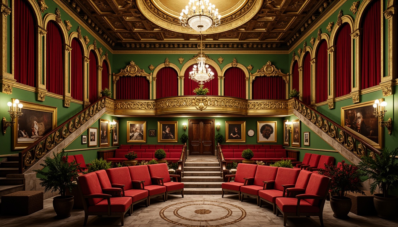 Prompt: Vibrant eclectic opera house, rich jewel-toned color palette, emerald green walls, ruby red velvet curtains, golden ornate details, intricate moldings, lavish chandeliers, opulent furnishings, marble floors, grand staircases, ornate balconies, Baroque-inspired architecture, warm soft lighting, dramatic shadows, 1/2 composition, high-contrast colors, luxurious textures, ambient occlusion.