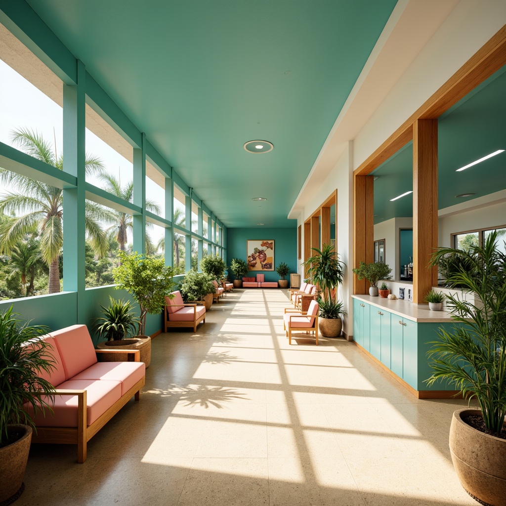 Prompt: Vibrant tropical healthcare center, calming ocean blue walls, warm sandy beige floors, lush greenery accents, natural wood furnishings, soft coral pink decorations, refreshing mint green cabinets, soothing turquoise ceilings, bright sunny day, large windows, sliding glass doors, modern minimalist architecture, comfortable waiting areas, serene ambiance, gentle warm lighting, shallow depth of field, 3/4 composition, panoramic view, realistic textures, ambient occlusion.