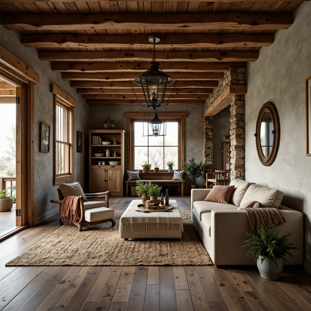 Prompt: Rustic farmhouse interior, distressed wooden beams, vintage metal lanterns, natural stone walls, earthy color palette, woven textiles, plush throw blankets, reclaimed wood furniture, galvanized metal accents, potted greenery, antique decorative items, soft warm lighting, shallow depth of field, 1/1 composition, intimate atmosphere, realistic textures, ambient occlusion.