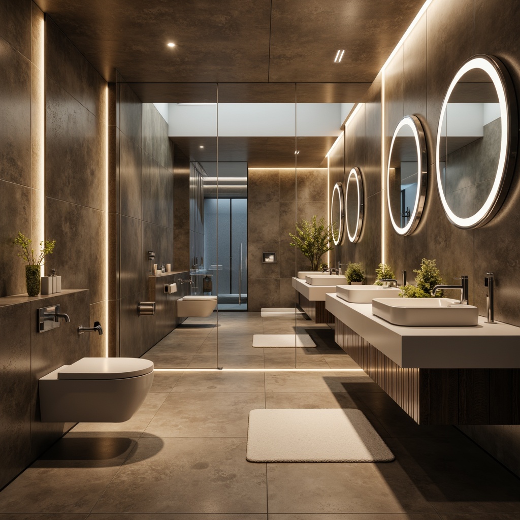 Prompt: Futuristic bathroom, sleek metallic walls, LED lighting, minimalist design, circular mirrors, wall-mounted sinks, floating toilets, rain showerheads, handheld shower wands, heated floors, digital temperature controls, automatic faucets, motion-sensing lights, glass partitions, chrome accents, high-gloss finishes, ambient illumination, shallow depth of field, 3/4 composition, panoramic view, realistic textures, soft warm lighting.