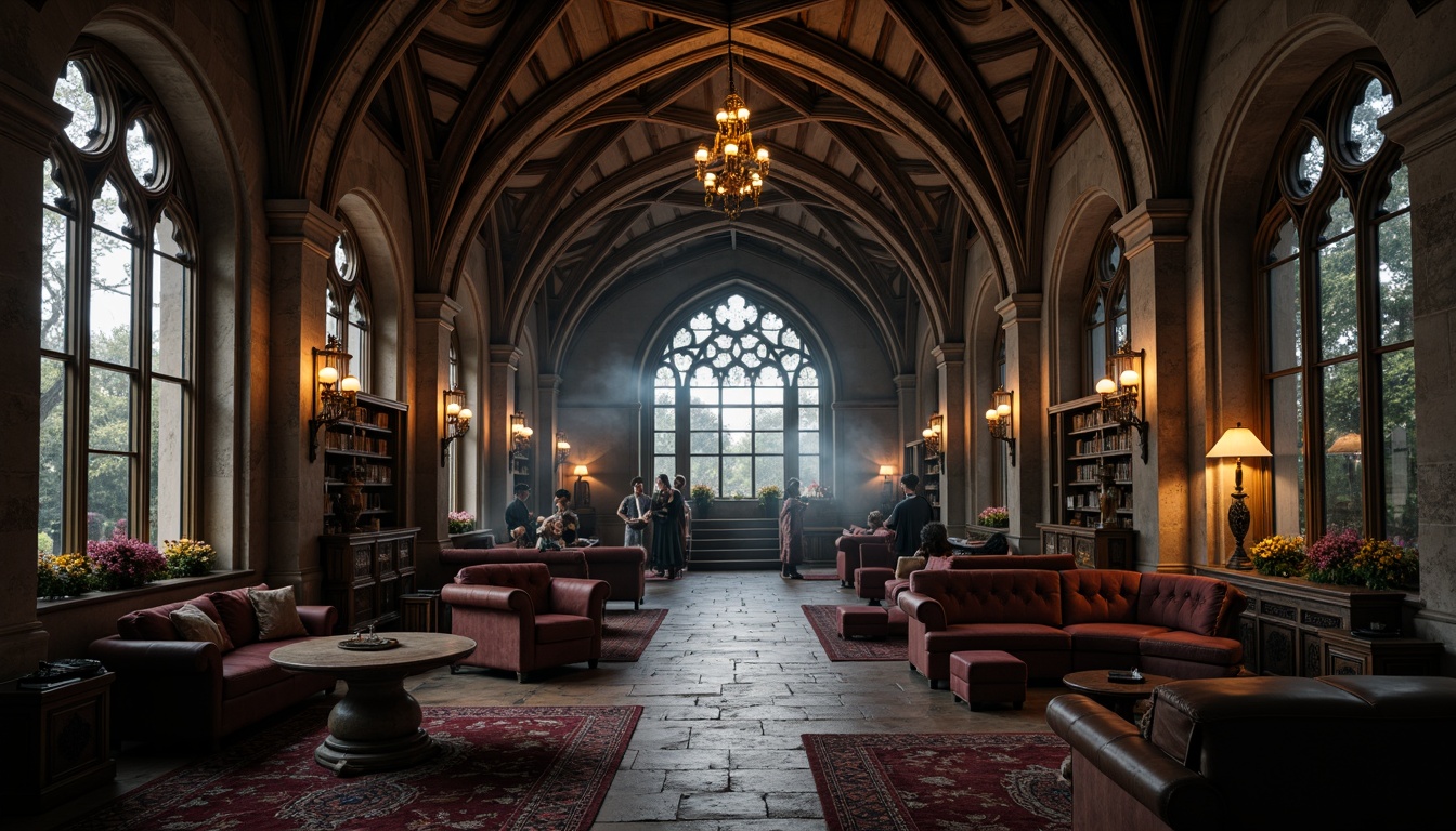 Prompt: Dark academia atmosphere, mysterious Gothic arches, ornate wooden chairs, heavy stone tables, luxurious velvet upholstery, rich leather-bound tomes, eerie lantern lighting, grand high ceilings, stained glass windows, intricate carvings, mysterious alcoves, weathered stone walls, rusty metal accents, dramatic shadows, 1/1 composition, low-key warm lighting, detailed textures, cinematic ambiance.