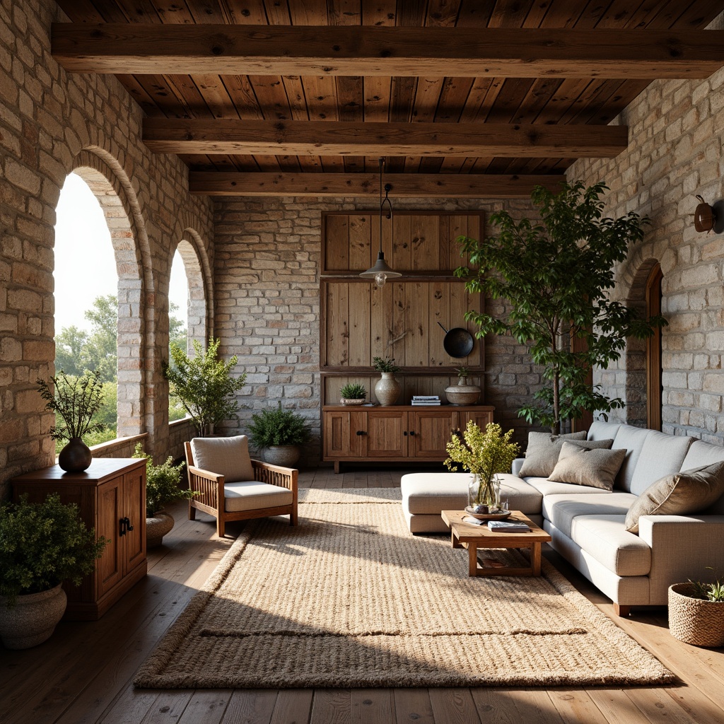 Prompt: Rustic farmhouse, distressed wood planks, vintage metal accents, earthy color palette, natural stone walls, reclaimed barnwood, exposed brick, rough-hewn beams, wooden floorboards, woven baskets, floral patterns, soft warm lighting, shallow depth of field, 3/4 composition, panoramic view, realistic textures, ambient occlusion.