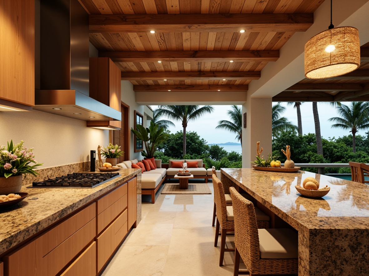 Prompt: Vibrant tropical kitchen, exotic island vibe, warm beige cabinets, rich wood tones, polished granite countertops, glossy finish, earthy brown colors, subtle veining patterns, natural stone textures, woven wicker furniture, rattan lighting fixtures, lush greenery, palm tree silhouettes, ocean-inspired blue hues, coral reef accents, tropical flower arrangements, soft golden lighting, 3/4 composition, shallow depth of field, realistic renderings.