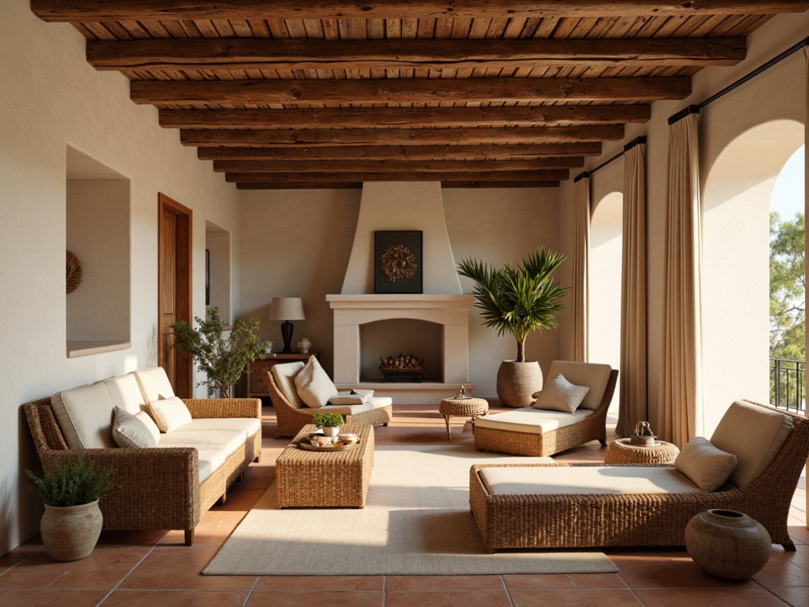 Prompt: Rustic Mediterranean interior, distressed wooden beams, creamy limestone walls, terracotta floor tiles, woven rattan furniture, plush velvet upholstery, natural linen fabrics, earthy color palette, warm golden lighting, subtle shadowing, 1/2 composition, shallow depth of field, realistic textures, ambient occlusion.