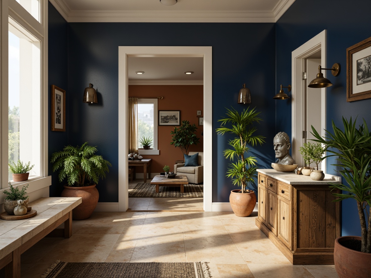 Prompt: Navy blue accent walls, crisp white trim, warm beige flooring, rich wood furniture, bronze metal fixtures, lush greenery, natural stone countertops, earthy terracotta planters, soft golden lighting, shallow depth of field, 1/1 composition, realistic textures, ambient occlusion.