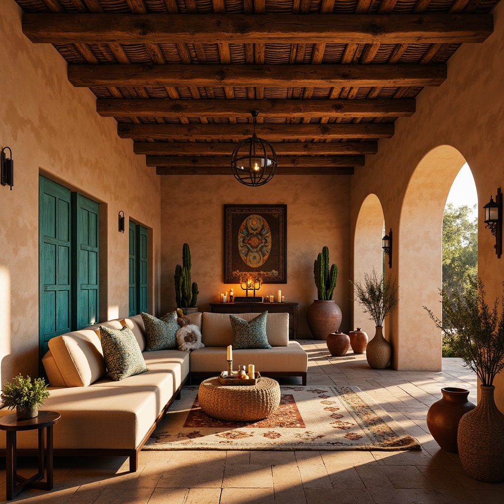 Prompt: Warm earthy tones, adobe architecture, rustic wooden beams, vintage Native American patterns, woven textiles, turquoise accents, warm golden lighting, candles, lanterns, pendant lights, wrought iron fixtures, cozy nooks, plush furniture, desert botanicals, cacti, succulents, natural stone flooring, clay pottery, rattan baskets, distressed wood, soft shadows, warm glow, ambient lighting, 1/2 composition, intimate atmosphere, rustic charm.