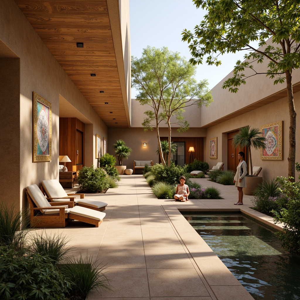 Prompt: Serene healthcare facility, warm beige walls, traditional African patterns, vibrant tribal colors, natural wood accents, comfortable seating areas, gentle water features, soothing ambient lighting, calming nature sounds, peaceful outdoor gardens, lush greenery, modern medical equipment, private patient rooms, soft plush furniture, cozy reading nooks, warm earthy tones, organic textures, 1/1 composition, shallow depth of field, realistic renderings.