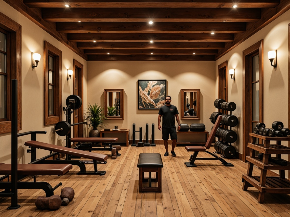 Prompt: Traditional home gym, wooden flooring, warm beige walls, classic weightlifting equipment, vintage dumbbells, leather-bound benches, metal barbells, exercise mats, mirrored walls, rustic wood accents, soft warm lighting, cozy atmosphere, 1/1 composition, realistic textures, ambient occlusion.