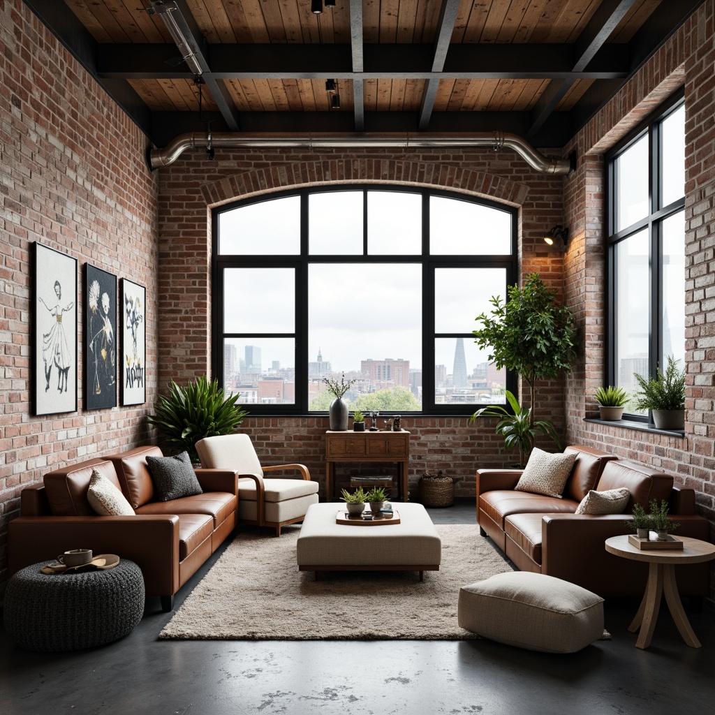 Prompt: Industrial chic loft, exposed brick walls, metal beams, reclaimed wood accents, minimalist decor, neutral color palette, creamy whites, weathered woods, deep blues, rich greens, warm earthy tones, natural textiles, distressed leather, vintage industrial lighting, urban views, cityscape backdrop, gritty concrete floors, eclectic decorative objects, modern art pieces, cozy reading nooks, soft warm lighting, shallow depth of field, 3/4 composition, realistic textures, ambient occlusion.