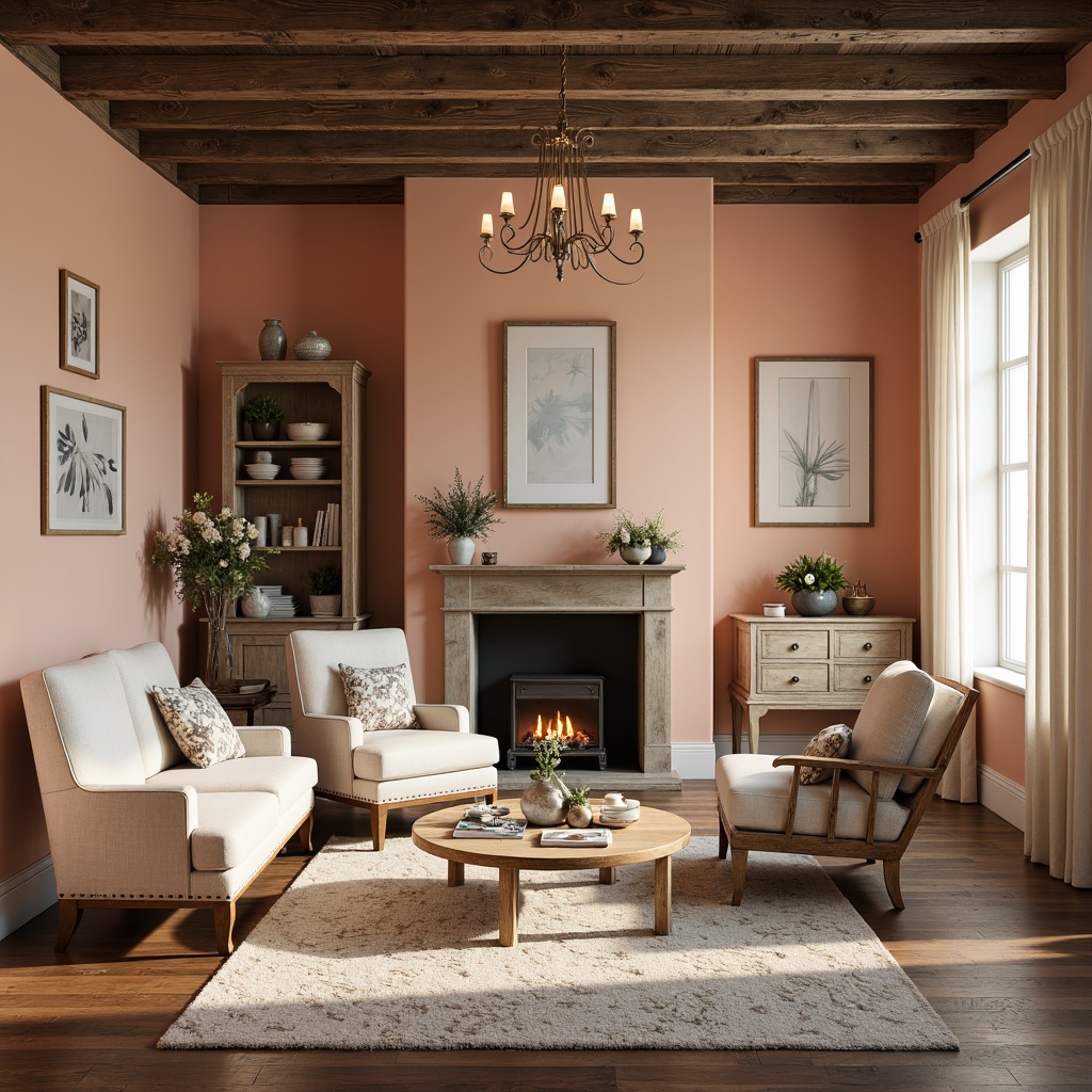 Prompt: Soft peach walls, distressed wood furniture, vintage florals, lace drapery, plush area rugs, creamy whites, warm beiges, pale blues, mauve accents, natural textures, rustic wooden beams, elegant chandeliers, sheer curtains, romantic candlelight, 1/1 composition, intimate atmosphere, subtle shadows, gentle color transitions.