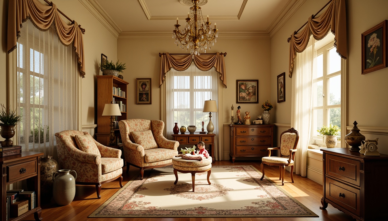 Prompt: Whimsical kid's room, ornate wooden furniture, rich velvet fabrics, soft warm glow, golden chandelier, cream-colored walls, floral patterns, lace curtains, antique toys, vintage dolls, porcelain vases, intricate moldings, cozy reading nook, plush area rug, warm beige flooring, elegant window treatments, delicate glassware, sparkling crystal prisms, dramatic floor lamp, 1/2 composition, softbox lighting, gentle ambient illumination.