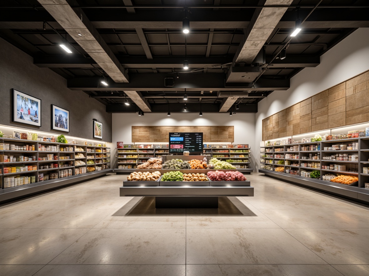 Prompt: Minimalist grocery store interior, sleek metal shelves, polished concrete floors, industrial-style lighting fixtures, exposed ductwork, modern geometric signage, neutral color palette, matte finish display cases, streamlined product displays, LED strip lighting, minimalist wall treatments, textured accent walls, natural stone feature walls, urban loft-inspired aesthetic, high ceilings, open floor plan, airy atmosphere, soft warm lighting, shallow depth of field, 3/4 composition, realistic textures, ambient occlusion.