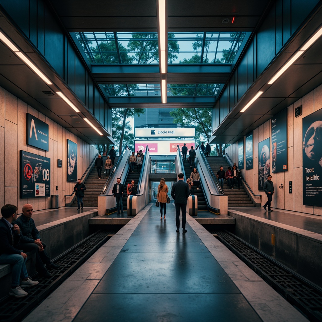 Prompt: Modern metro station, sleek architecture, urban ambiance, atmospheric lighting, warm color temperature, LED strips, neon signs, futuristic advertisements, metallic accents, concrete walls, industrial textures, elevated platforms, dynamic escalators, busy commuters, morning rush hour, soft shadows, subtle highlights, 1/2 composition, cinematic mood, realistic reflections, ambient occlusion.