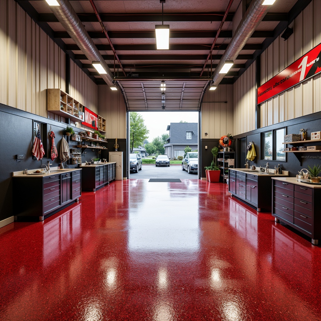 Prompt: Industrial-style garage, epoxy-coated flooring, glossy finish, vibrant colors, metallic sheen, durable surfaces, resistant to oil stains, easy cleaning, slip-resistant texture, high-gloss paint, bold color schemes, modern architecture, overhead lighting, bright ambiance, functional storage solutions, wall-mounted organizers, tool stations, workbenches, utility sinks, epoxy-based coatings, chemical-resistant properties, stain-hiding capabilities, low-maintenance requirements, seamless transitions, 3/4 composition, shallow depth of field.