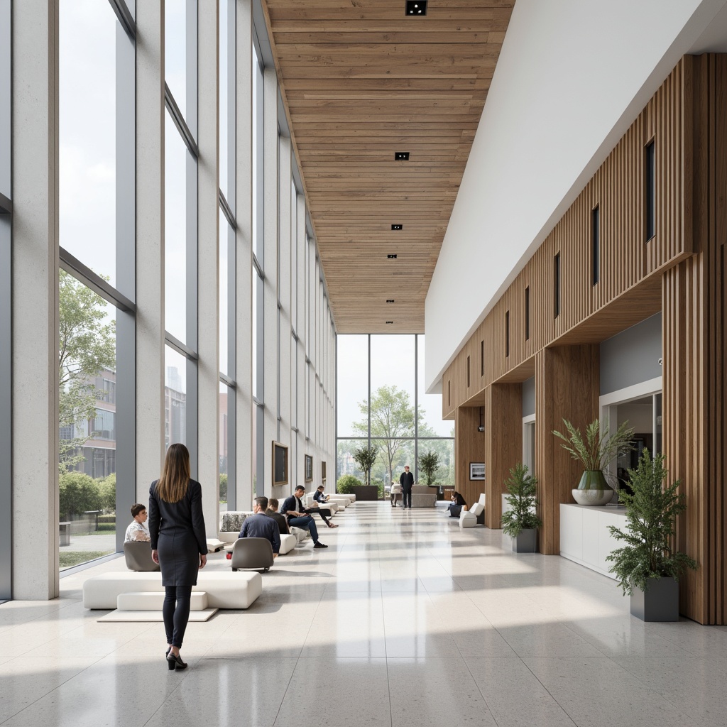 Prompt: Monochromatic bank interior, clean lines, minimal decor, neutral tones, creamy whites, soft grays, navy blues, rich woods, sleek metallic accents, floor-to-ceiling windows, natural light, airy atmosphere, modernist architecture, geometric shapes, subtle textures, ambient lighting, shallow depth of field, 3/4 composition, realistic reflections.