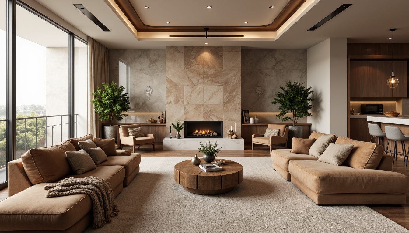 Prompt: Luxurious living room, rich wood flooring, plush carpeting, soft velvet sofas, elegant marble countertops, glossy cabinets, modern pendant lighting, subtle wallpaper patterns, warm beige colors, cozy throw blankets, inviting fireplace, natural stone accents, sleek metal fixtures, minimalist decor, abundant natural light, 1/1 composition, realistic textures, ambient occlusion.