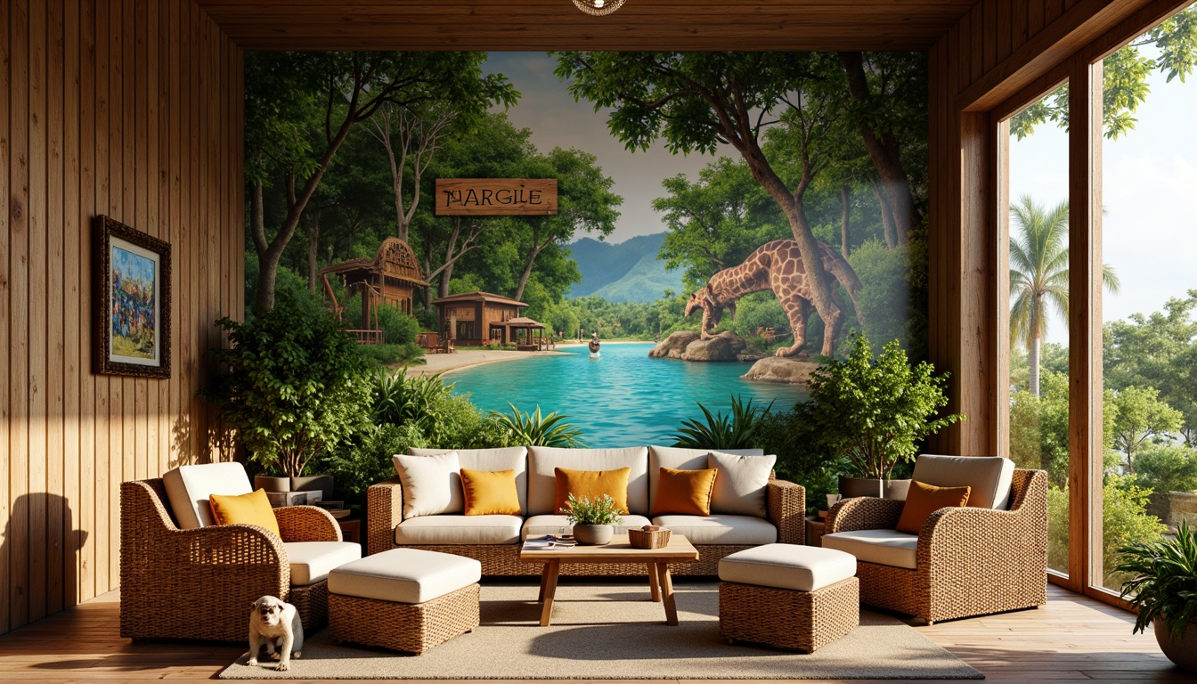 Prompt: Vibrant jungle mural, colorful animal prints, wooden safari signs, woven wicker furniture, natural fiber textiles, earthy tone walls, rustic wooden frames, playful monkey sculptures, exotic leaf patterns, whimsical giraffe designs, bright tropical flowers, sunny savannah landscape, shallow depth of field, 1/1 composition, soft warm lighting, realistic textures, ambient occlusion.