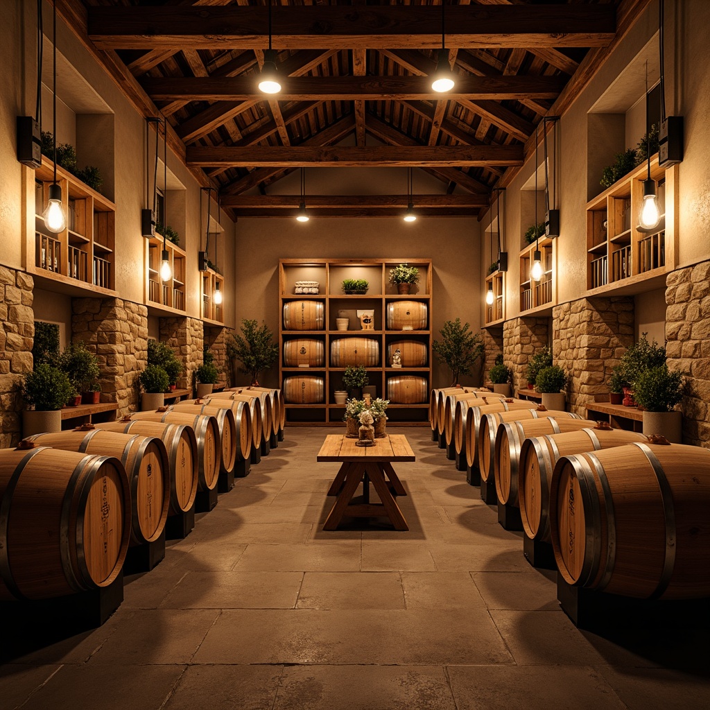 Prompt: Rustic winery interior, warm dim lighting, wooden barrels, vineyard-inspired decor, earthy tones, soft warm glow, pendant lamps, metal accents, industrial chic fixtures, Edison bulbs, reclaimed wood shelving, stone walls, vintage wine-making equipment, cozy seating areas, intimate atmosphere, dramatic ceiling heights, warm beige colors, soft shadows, 1/1 composition, natural textures, subtle color grading.