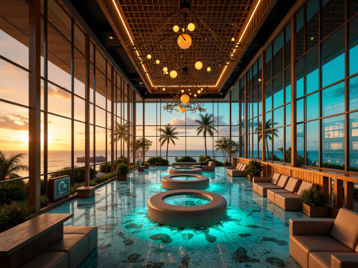 Prompt: Warm golden lighting, ocean-inspired decor, nautical themed furniture, wave-patterned dance floors, LED-lit bars, crystal chandeliers, frosted glass walls, seaside color palette, turquoise accents, iridescent shells, driftwood textures, misty fog effects, pulsing strobe lights, 360-degree panoramic views, sleek minimalist architecture, polished concrete floors, neon-lit beach balls, tropical plants, ambient electronic music, sunset-inspired hues, shimmering sequins, soft focus photography, cinematic lighting, dynamic color grading.