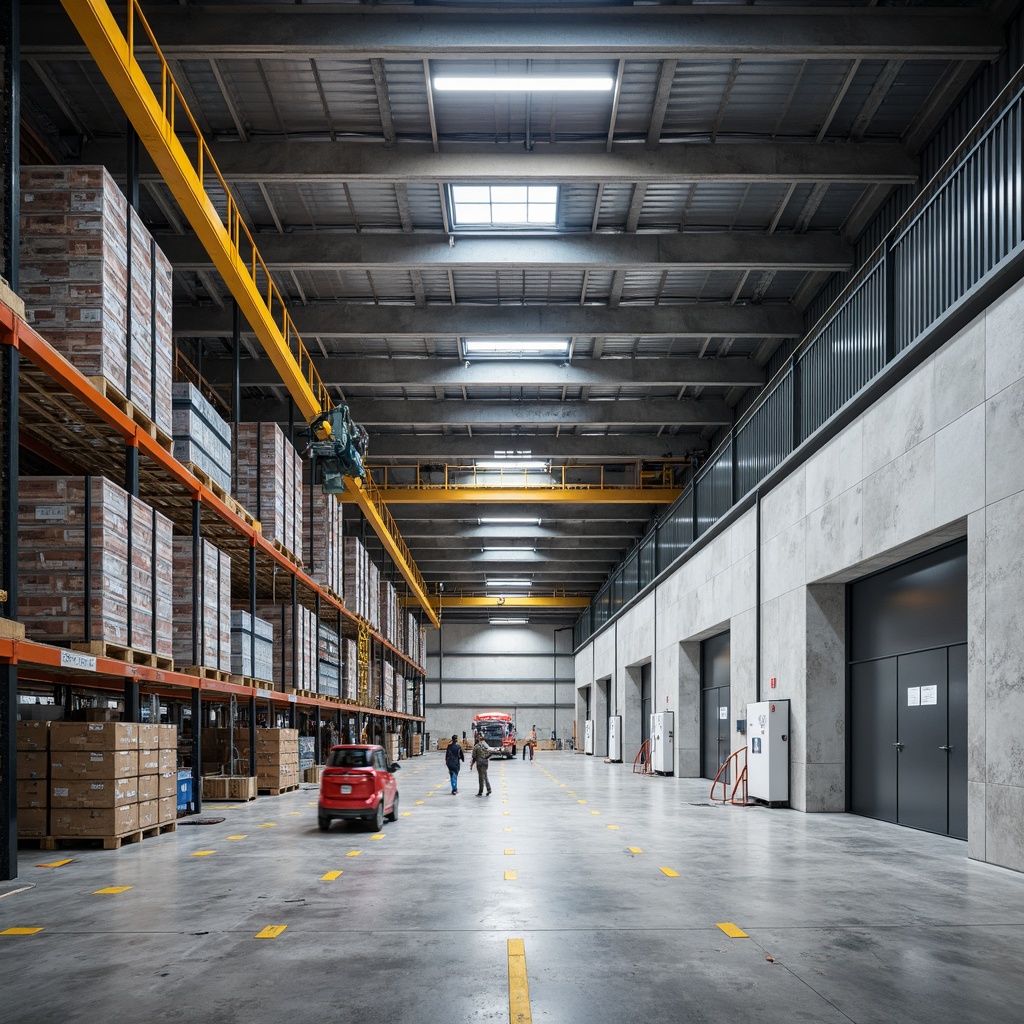 Prompt: Industrial distribution center, metal cladding exterior, corrugated steel roofing, concrete flooring, epoxy resin coating, LED lighting, tall shelving units, pallet racking systems, forklift traffic aisles, safety yellow markings, polished aluminum handrails, reinforced doors, security cameras, overhead cranes, concrete masonry walls, functional minimalism design, bright artificial lighting, shallow depth of field, 1/2 composition, realistic textures, ambient occlusion.