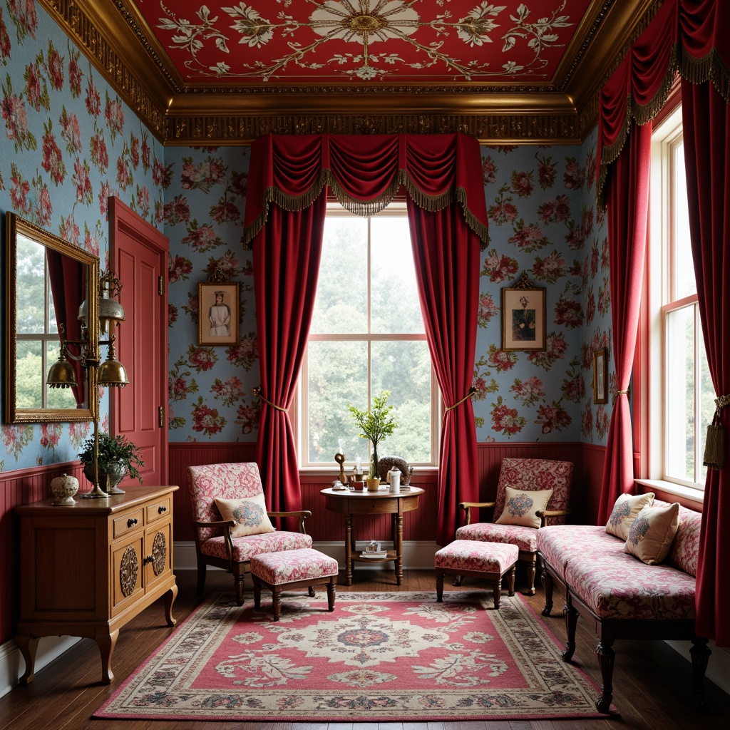 Prompt: Whimsical kids' room, richly patterned wallpaper, bold red and blue hues, ornate gold molding, decorative wainscoting, plush velvet drapes, tassel-trimmed curtains, floral accents, distressed wood furniture, vintage toys, antique rugs, warm soft lighting, shallow depth of field, 1/2 composition, cozy atmosphere, playful textures, subtle ambient occlusion.