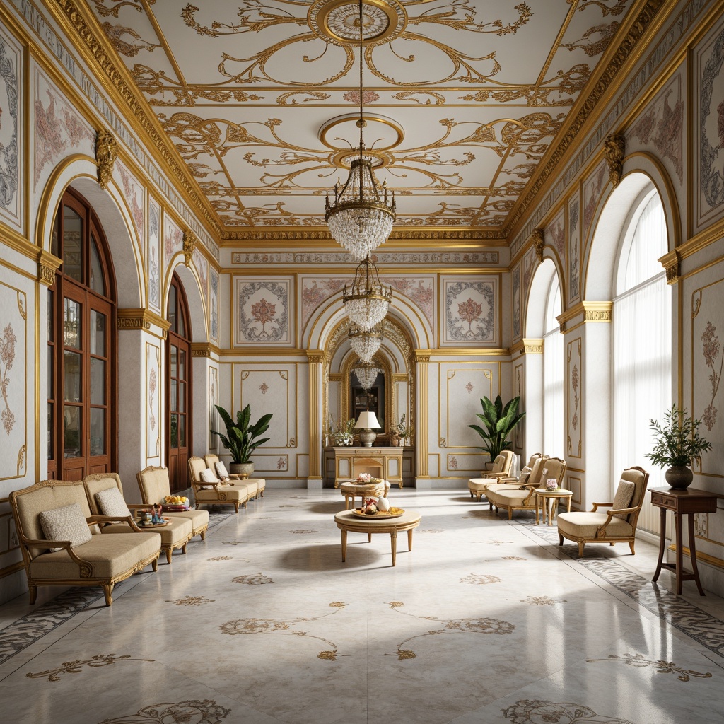 Prompt: Intricate Rococo-style tile patterns, ornate gold accents, delicate floral motifs, soft pastel colors, luxurious marble textures, grand chandeliers, opulent furnishings, lavish decorations, intricate moldings, curved lines, sweeping arches, elegant symmetry, ornamental mirrors, crystal droplets, warm candlelight, 1/1 composition, shallow depth of field, realistic reflections.