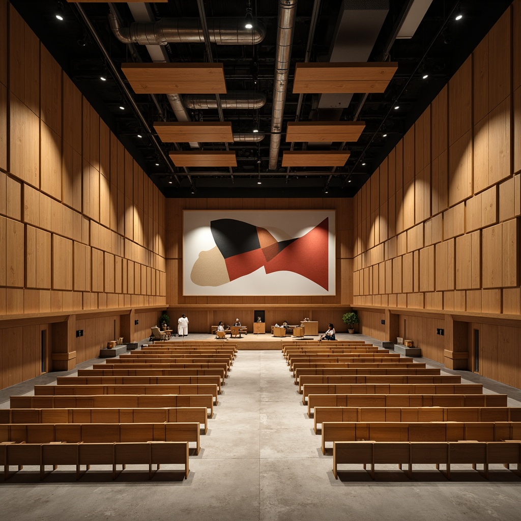 Prompt: Geometric auditorium, Bauhaus-style architecture, rectangular acoustic panels, wooden surfaces, minimalist decor, industrial chic lighting, exposed ductwork, concrete floors, functional seating, modernist aesthetic, abstract artwork, monochromatic color scheme, soft warm illumination, shallow depth of field, 1/2 composition, cinematic perspective, realistic textures, ambient occlusion.