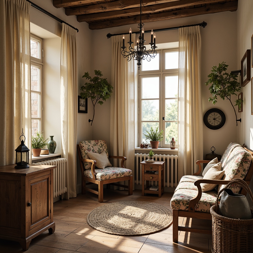 Prompt: Soft warm lighting, distressed wood furniture, vintage metal lanterns, ornate chandeliers, floral patterns, lace curtains, rustic wooden beams, whitewashed walls, pastel color palette, natural fabrics, woven baskets, antique decorative items, subtle shadows, 1/1 composition, intimate atmosphere, warm glow, ambient occlusion.