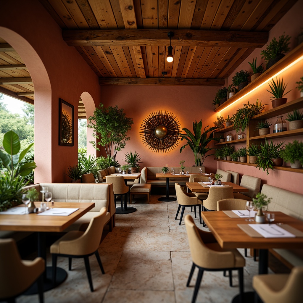 Prompt: Cozy restaurant interior, warm wooden accents, earthy terracotta walls, soft beige upholstery, rich brown furniture, vibrant greenery, natural stone flooring, rustic metal decor, warm golden lighting, intimate ambiance, inviting atmosphere, shallow depth of field, 1/2 composition, realistic textures, ambient occlusion.