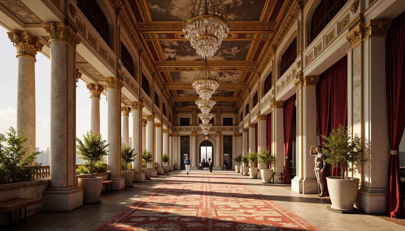 Prompt: Opulent classical architecture, intricately carved marble columns, ornate golden ornaments, lavish fresco ceilings, grandiose crystal chandeliers, richly patterned rugs, luxurious velvet drapes, majestic stone statues, delicate filigree metalwork, ornamental flower motifs, subtle sfumato techniques, warm golden lighting, shallow depth of field, 2/3 composition, symmetrical balance, realistic textures, ambient occlusion.