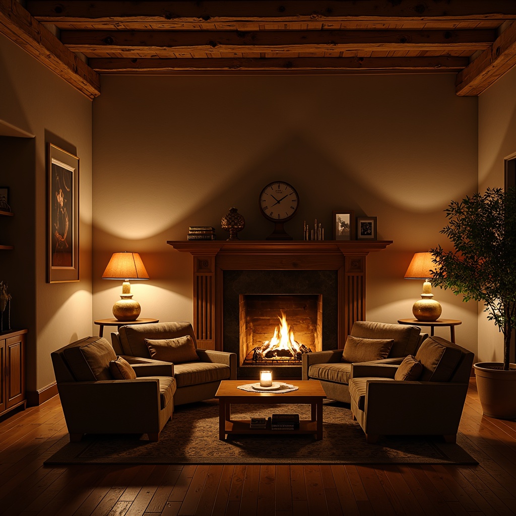 Prompt: Warm candlelight, soft glow, rustic lanterns, cozy reading nooks, plush armchairs, warm beige walls, rich wood accents, crackling fireplace, comfortable ambiance, relaxing atmosphere, dimmable table lamps, warm color temperatures, layered lighting, inviting textures, soft shadows, subtle highlights, intimate setting, peaceful retreat, calming ambiance.