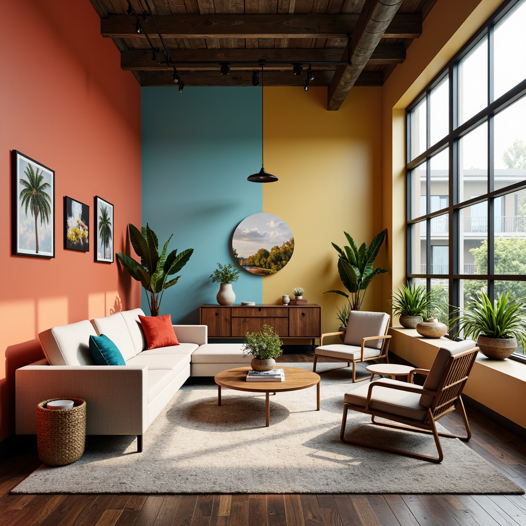 Prompt: Vibrant design studio, modern color palette, bold accent walls, pastel hues, soft gradient transitions, creamy whites, rich wood tones, metallic accents, natural textiles, abstract patterns, eclectic furniture pieces, industrial chic decor, moody lighting, atmospheric ambiance, cinematic composition, shallow depth of field, 1/1 aspect ratio.