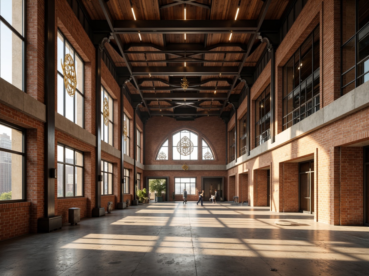 Prompt: Industrial-chic mosque, exposed brick walls, metallic beams, reclaimed wood accents, polished concrete floors, minimalist ornate details, industrial-style lighting fixtures, steel windows, geometric patterns, Islamic calligraphy, warm golden lighting, soft focus, shallow depth of field, 1/1 composition, atmospheric perspective, realistic textures, ambient occlusion.