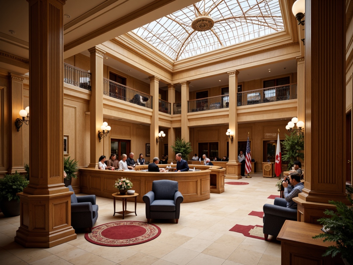 Prompt: Traditional courthouse interior, rich wood tones, warm beige walls, creamy marble floors, ornate bronze fixtures, stately columns, solemn atmosphere, natural light filtering through stained glass skylights, subtle patriotic color scheme, deep red accents, navy blue undertones, gold leaf detailing, elegant chandeliers, sophisticated furniture upholstery, classic architectural motifs, dignified ambiance, soft warm lighting, shallow depth of field, 2/3 composition, realistic textures, ambient occlusion.