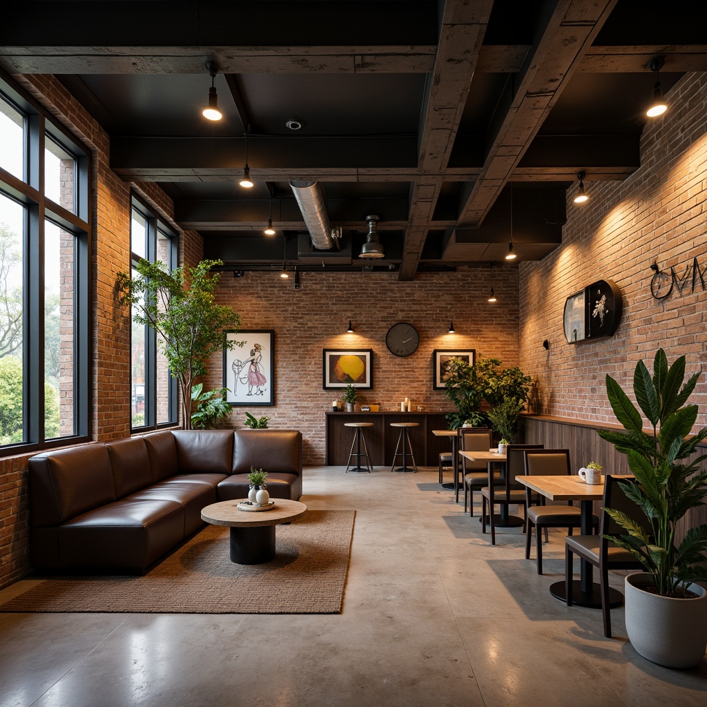 Prompt: Minimalist pub interior, reclaimed wood accents, exposed brick walls, polished concrete floors, industrial metal beams, sleek leather sofas, low-maintenance plants, earthy color palette, warm ambient lighting, subtle texture contrast, 1/1 composition, shallow depth of field, realistic render.