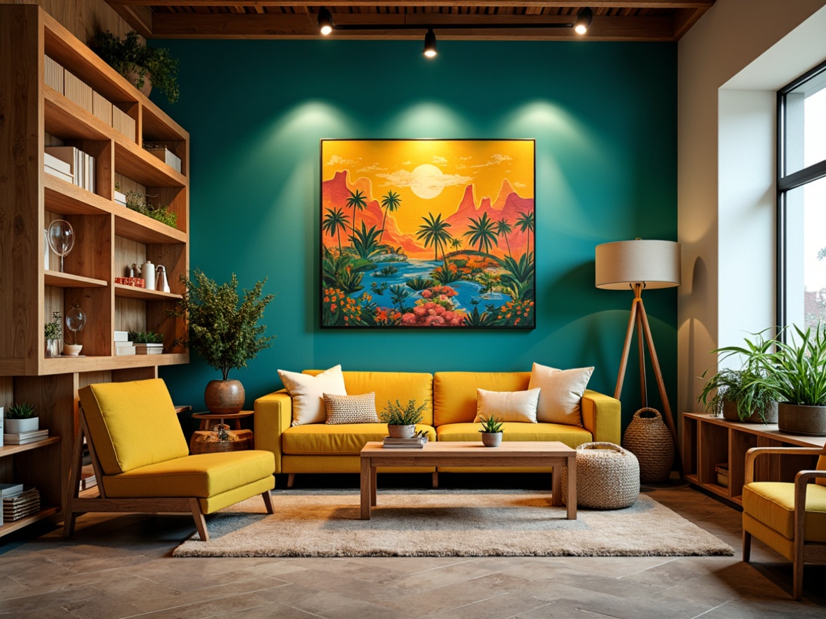 Prompt: Vibrant modern art studio, eclectic bohemian decor, warm wooden accents, rich turquoise walls, bold yellow furniture, creamy white textiles, natural stone flooring, abstract expressionist artwork, dramatic spotlights, 3/4 composition, shallow depth of field, realistic textures, ambient occlusion.