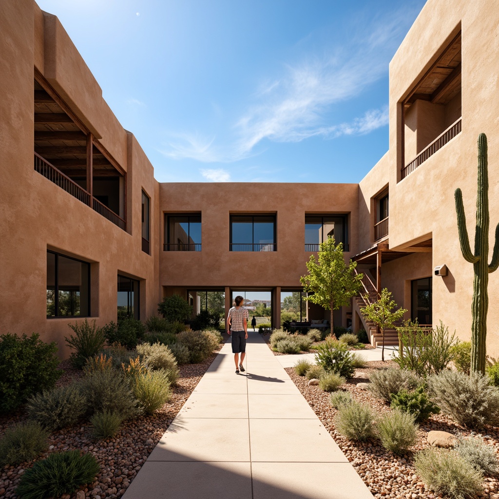 Prompt: Adobe earth tones, natural stone walls, wooden accents, large windows, rustic metal details, open-air atriums, desert landscaping, cacti plants, warm sunny day, clear blue sky, vast open spaces, modern southwestern architecture, curved lines, minimalist design, sustainable energy solutions, solar panels, water conservation systems, green roofs, eco-friendly materials, innovative cooling technologies, shaded outdoor spaces, misting systems, vibrant colorful textiles, intricate geometric motifs, grand entranceways, monumental staircases, communal gathering areas.