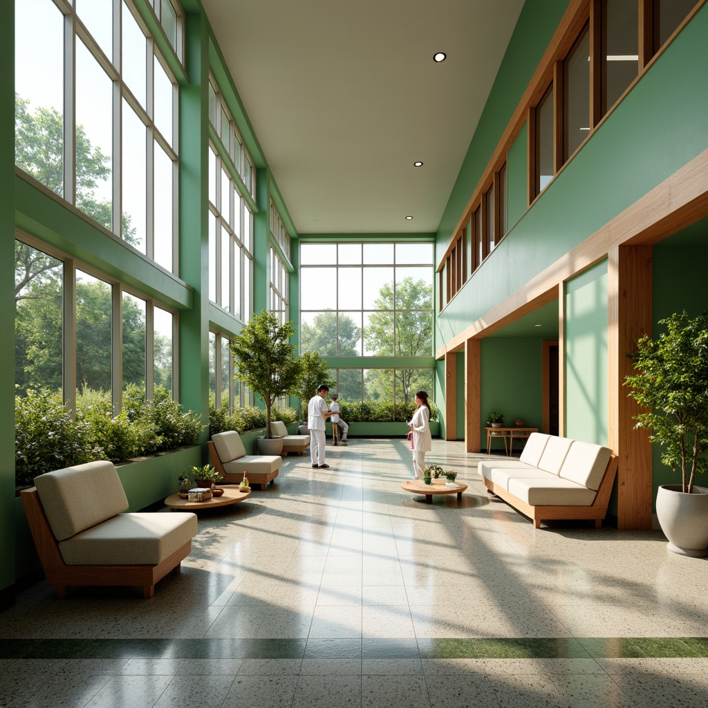 Prompt: Spacious healthcare center, mid-century modern architecture, large windows, natural light, calming green walls, wooden accents, minimalist decor, comfortable seating areas, open nurse stations, curved corridors, warm color schemes, terrazzo floors, organic shapes, abundant plants, serene atmosphere, soft diffused lighting, shallow depth of field, 3/4 composition, panoramic view, realistic textures, ambient occlusion.