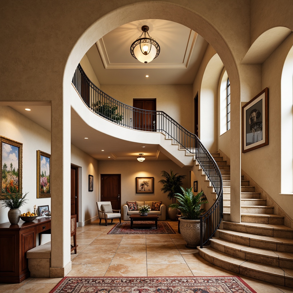 Prompt: Grand staircase, elegant curved lines, ornate ironwork railings, warm beige marble steps, richly polished wood banisters, decorative ceramic tiles, Mediterranean-inspired arches, soft warm lighting, shallow depth of field, 3/4 composition, panoramic view, realistic textures, ambient occlusion, luxurious furnishings, plush area rugs, natural stone walls, vaulted ceilings, rustic wooden doors, ornate lanterns, vibrant colorful textiles, intricate geometric patterns.