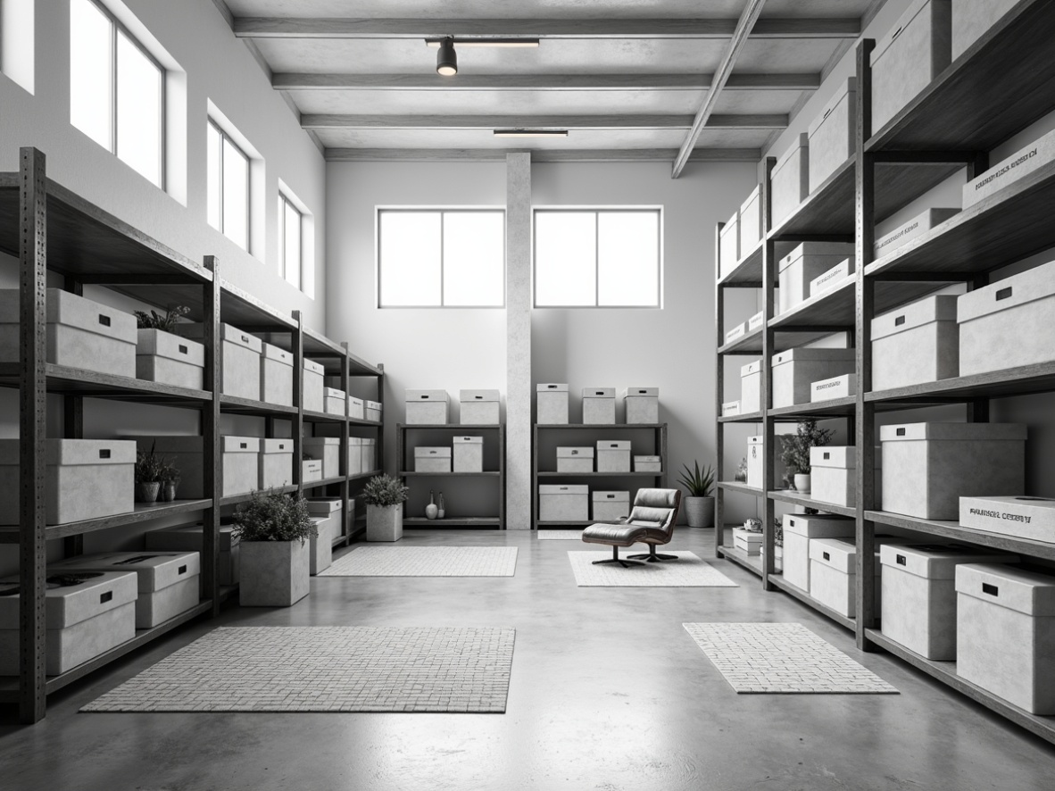 Prompt: Monochromatic storage room, industrial metal shelving units, clean-lined wooden crates, functional minimal decor, geometric patterned rugs, neutral color palette, plenty of natural light, high ceilings, rectangular windows, subtle texture contrasts, Bauhaus-inspired typography, simple labeling systems, organized storage solutions, clever use of negative space, airy atmosphere, soft diffused lighting, 1/1 composition, shallow depth of field, realistic material reflections.