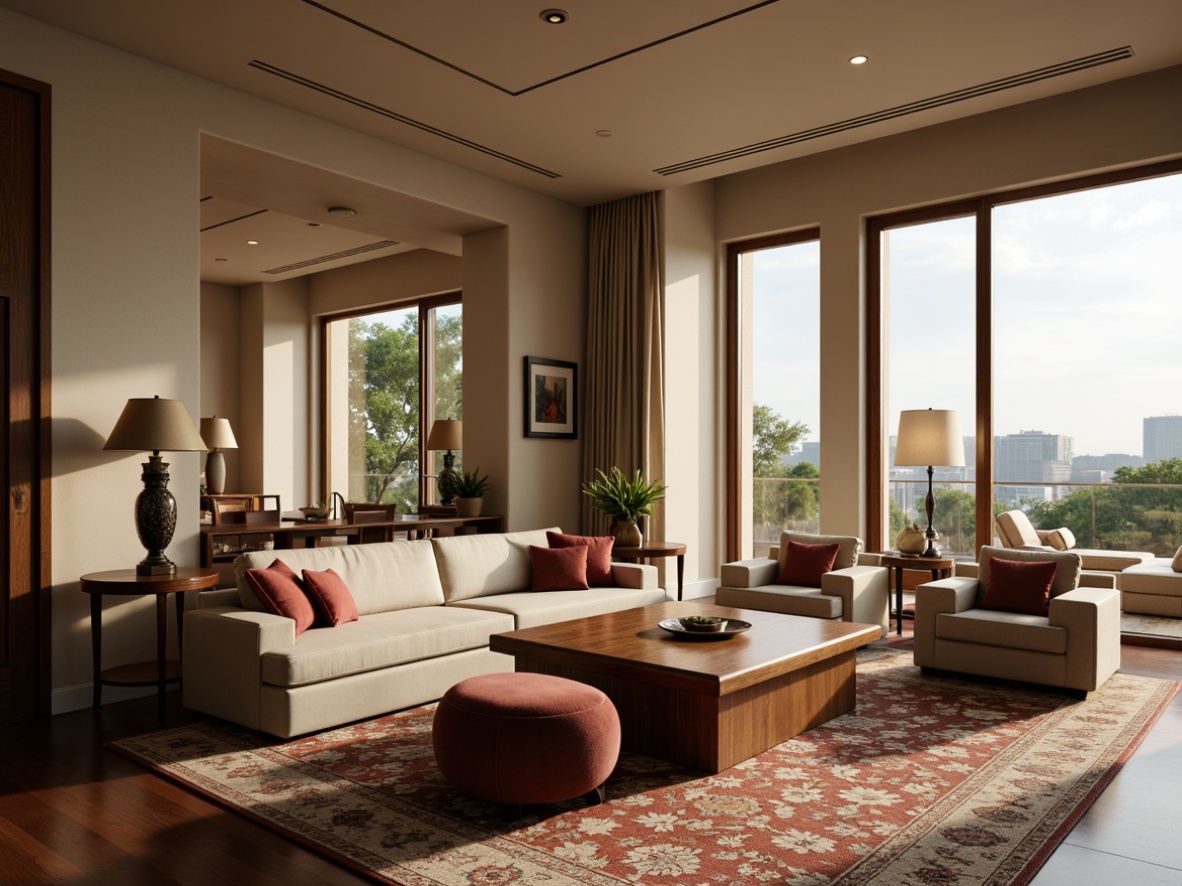 Prompt: Luxurious living room, plush sofas, velvety armchairs, polished wooden coffee tables, ornate rugs, floor lamps, warm beige walls, large windows, natural light, soft diffused lighting, 3/4 composition, cozy atmosphere, comfortable seating arrangement, stylish decor, modern minimalist design, metallic accents, greenery plants, ambient textures, shallow depth of field.