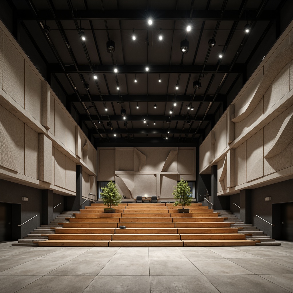 Prompt: Bauhaus-style auditorium, geometric shapes, minimalist decor, industrial materials, exposed ductwork, concrete floors, wooden benches, avant-garde architecture, acoustic panels, sound-absorbing materials, triangular patterns, monochromatic color scheme, dramatic lighting, spotlights, high ceilings, open space, functional design, 1/1 composition, realistic textures, ambient occlusion.