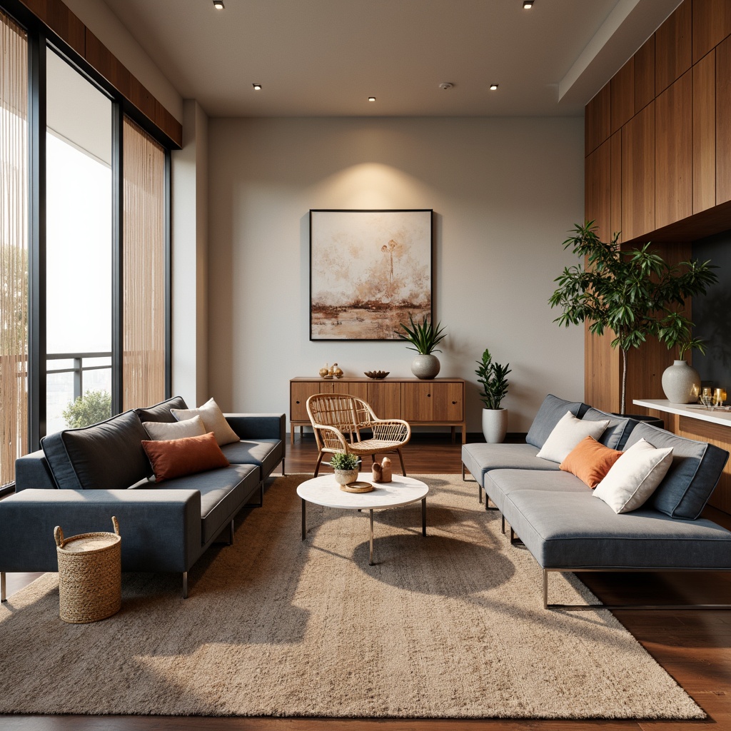 Prompt: Luxurious living room, sleek modern sofas, velvet upholstery, polished chrome legs, minimalist coffee tables, marble tops, Scandinavian-inspired wooden chairs, woven rattan baskets, natural fiber rugs, soft warm lighting, 3/4 composition, shallow depth of field, realistic textures, ambient occlusion.