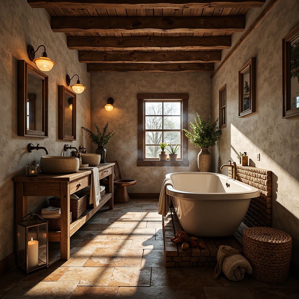 Prompt: Rustic bathroom, wooden accents, earthy tones, natural stone walls, reclaimed wood beams, metal lanterns, candlelit ambiance, warm soft lighting, pendant lamps, frosted glass shades, bronze fixtures, vintage-inspired decor, distressed finishes, exposed brick, country-chic atmosphere, morning sunlight, gentle glow, 1/1 composition, shallow depth of field, realistic textures.