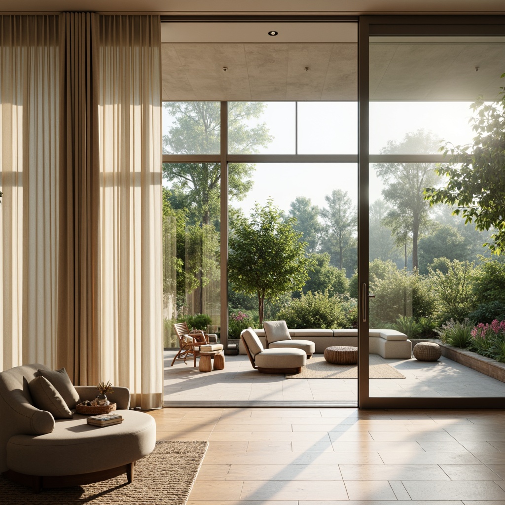 Prompt: Elegant sunroom, floor-to-ceiling windows, sliding glass doors, sheer curtains, flowing drapes, natural linen fabrics, soft diffused light, warm beige tones, minimal ornamentation, sleek metal frames, modern minimalist design, lush greenery views, blooming flowers, sunny day, gentle breeze, 1/1 composition, realistic textures, ambient occlusion.