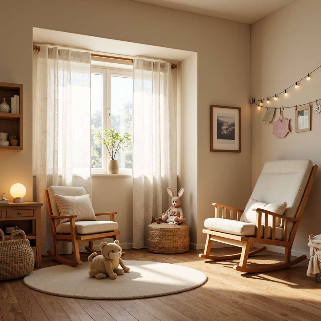 Prompt: Cozy baby room, soft warm lighting, warm beige walls, natural wood furniture, plush toys, gentle pastel colors, white lace curtains, delicate floral patterns, comfortable glider chair, woven basket storage, creamy rug, warm table lamp, string lights, softbox lighting, 1/1 composition, intimate atmosphere, subtle shadows, realistic textures.