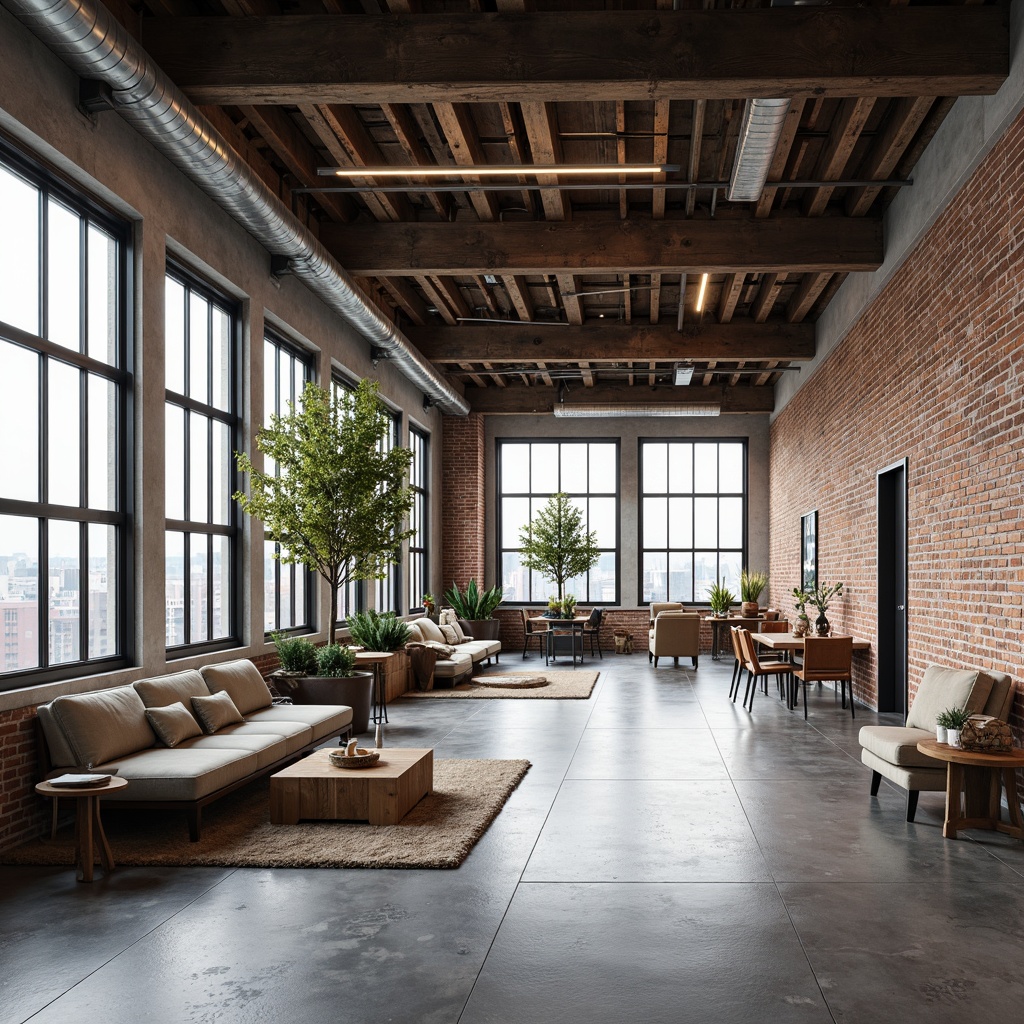 Prompt: Exposed brick walls, polished concrete floors, industrial metal beams, minimalist decor, modern streamline furniture, sleek low-profile lighting, floor-to-ceiling windows, abundant natural light, urban loft atmosphere, open-plan living areas, communal workspaces, collaborative zones, cozy reading nooks, eclectic art pieces, distressed wood accents, metallic tones, airy feel, uncluttered spaces, Scandinavian-inspired design, functional simplicity, 3/4 composition, softbox lighting, high ceilings, panoramic views.