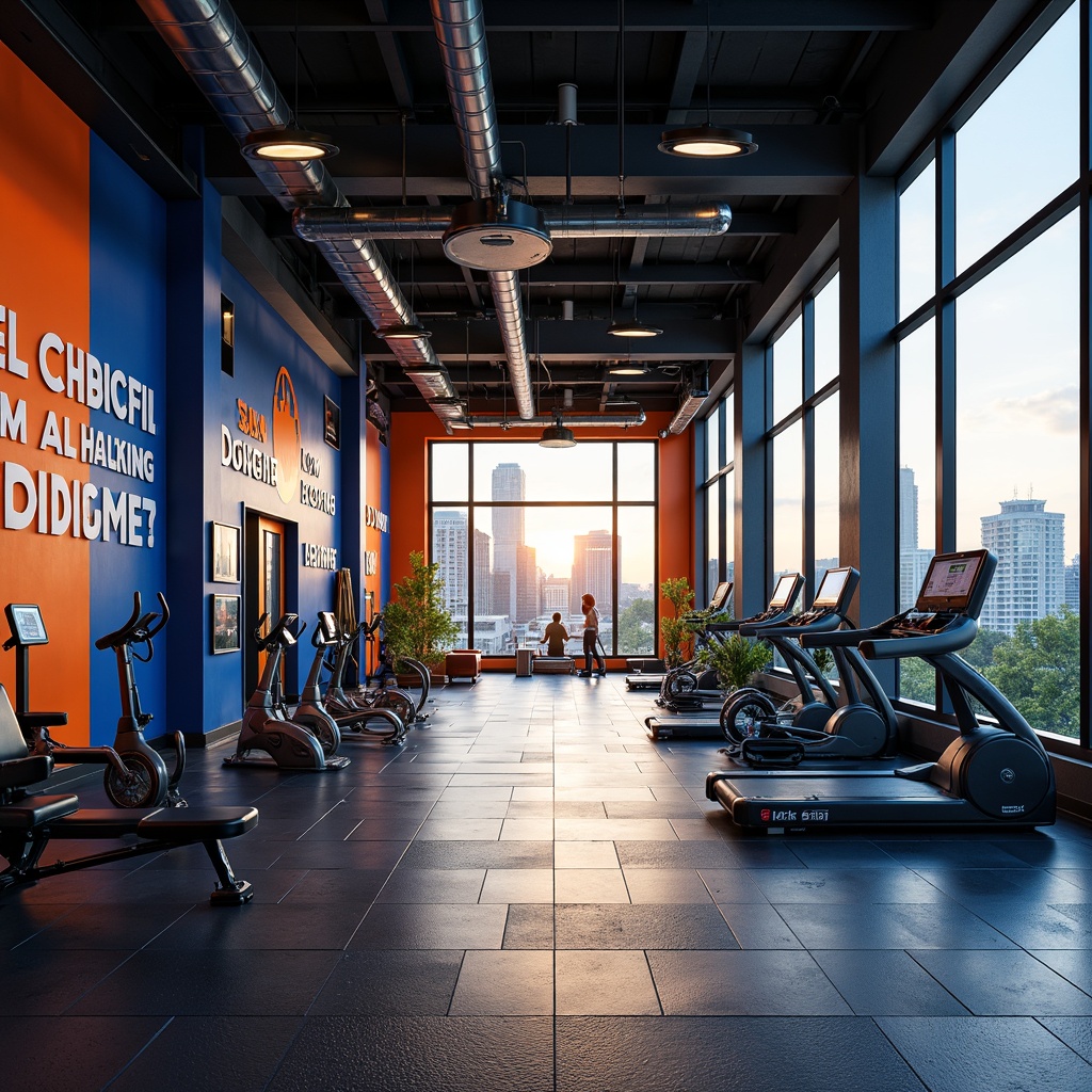 Prompt: Vibrant fitness club, energetic atmosphere, bold color scheme, deep blues, bright whites, fiery oranges, motivational quotes, sleek modern equipment, polished metal surfaces, rubber flooring, dynamic lighting, high ceilings, industrial-chic decor, urban feel, cityscape views, morning sunlight, warm glow, shallow depth of field, 3/4 composition, panoramic view, realistic textures, ambient occlusion.